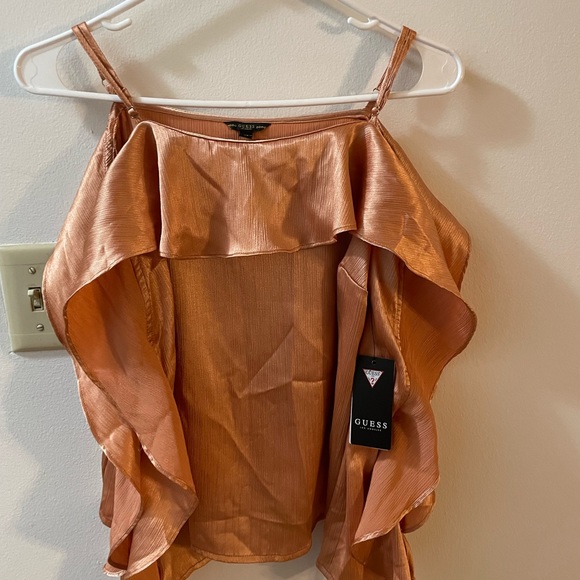 GUESS Womens Orange Cold Shoulder
Ruffled Silk Spaghetti Strap Square
Neck Top - Picture 2 of 8